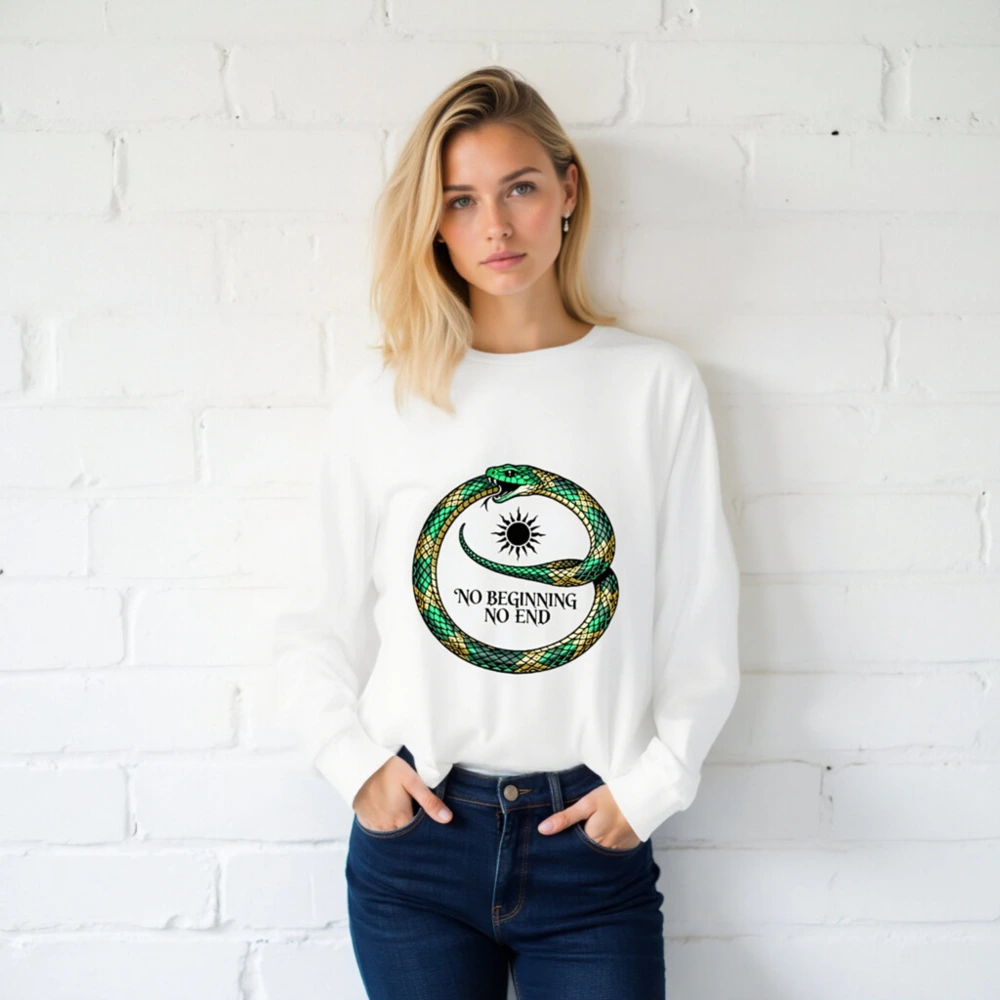 Green & Gold Ouroboros Long Sleeve Tee - 'No Beginning No End' Unisex Shirt - Image 2