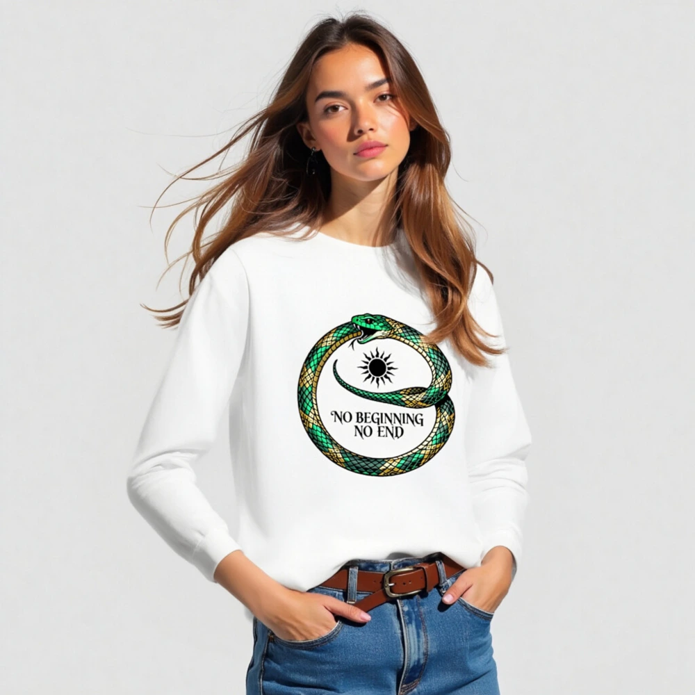Green & Gold Ouroboros Long Sleeve Tee - 'No Beginning No End' Unisex Shirt - Image 3