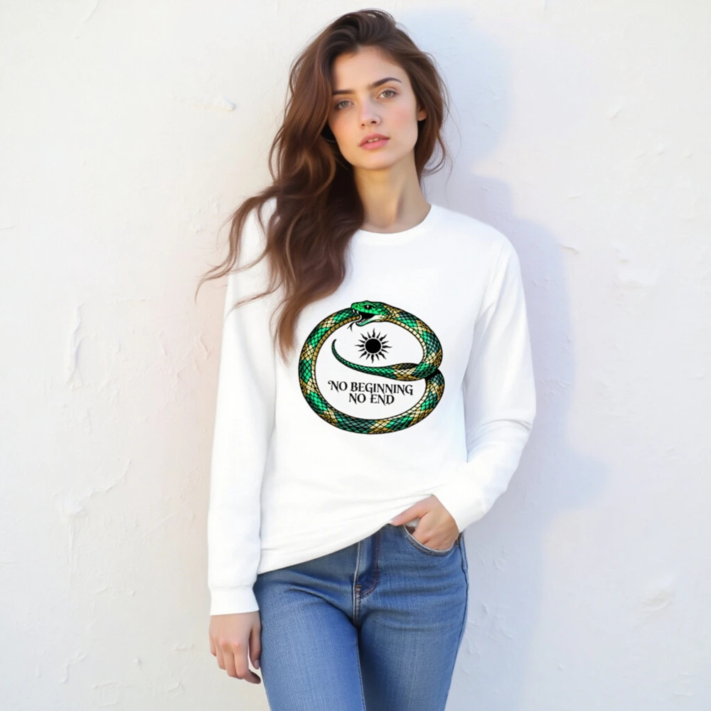 Green & Gold Ouroboros Long Sleeve Tee - 'No Beginning No End' Unisex Shirt - Image 4