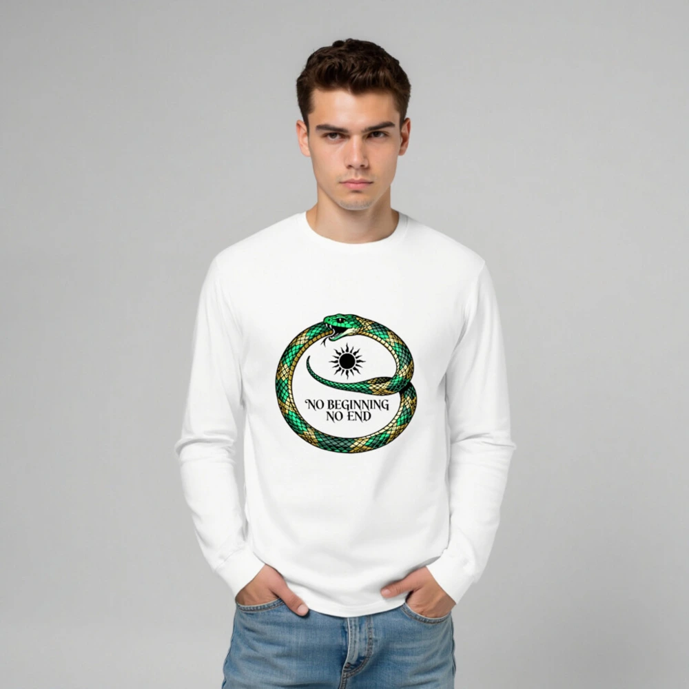 Green & Gold Ouroboros Long Sleeve Tee - 'No Beginning No End' Unisex Shirt - Image 6