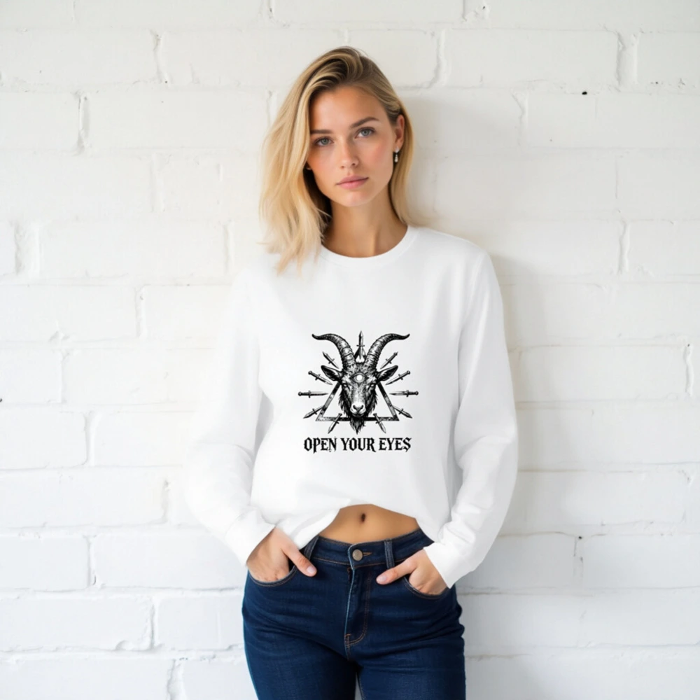 Open Your Eyes Goat Skull Long Sleeve Tee - Unisex Black & White Gothic Design - Image 2