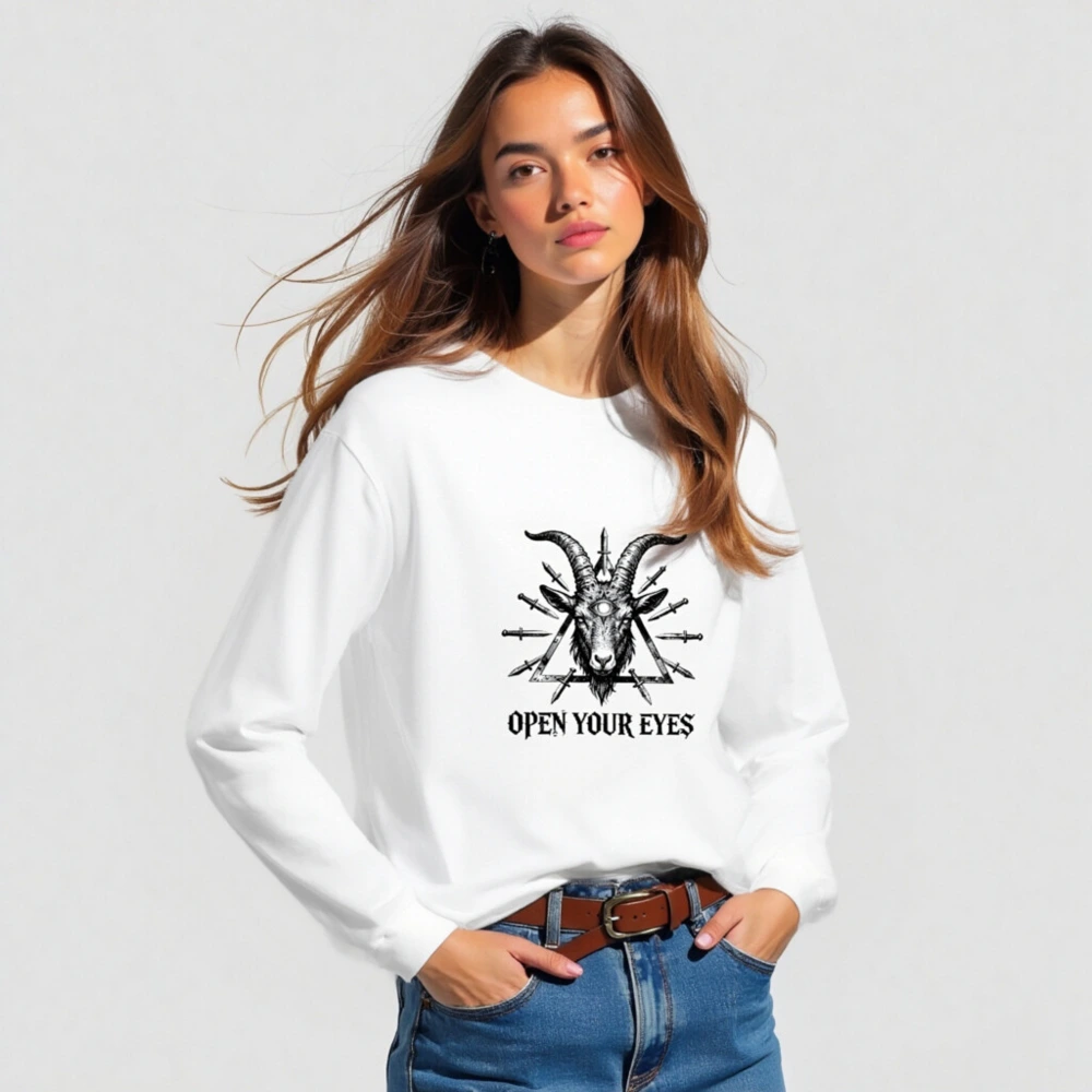 Open Your Eyes Goat Skull Long Sleeve Tee - Unisex Black & White Gothic Design - Image 3