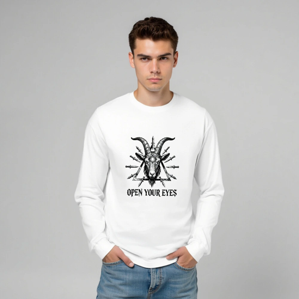 Open Your Eyes Goat Skull Long Sleeve Tee - Unisex Black & White Gothic Design - Image 6