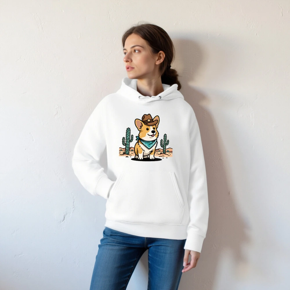 Unisex Eco Hoodie with Corgi Cowboy Design - Sustainable Cotton Blend - Image 5