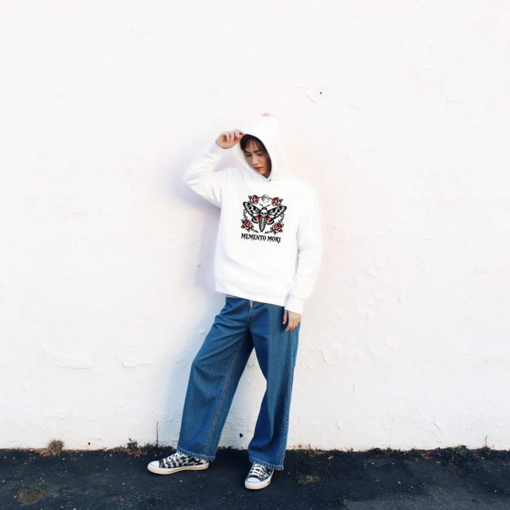 Memento Mori Moth Hoodie - Unisex Eco Essential Sweatshirt with Skull & Roses - Image 2