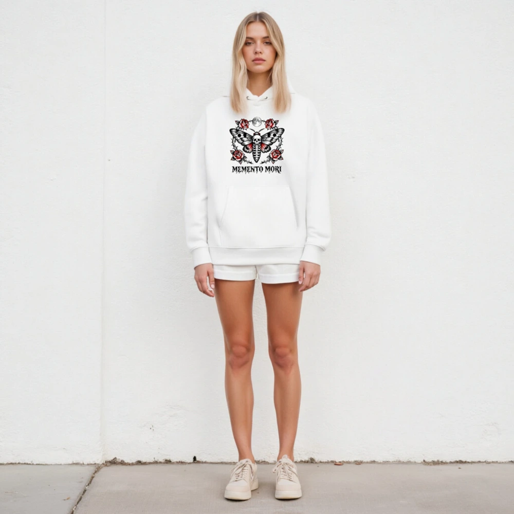 Memento Mori Moth Hoodie - Unisex Eco Essential Sweatshirt with Skull & Roses - Image 4