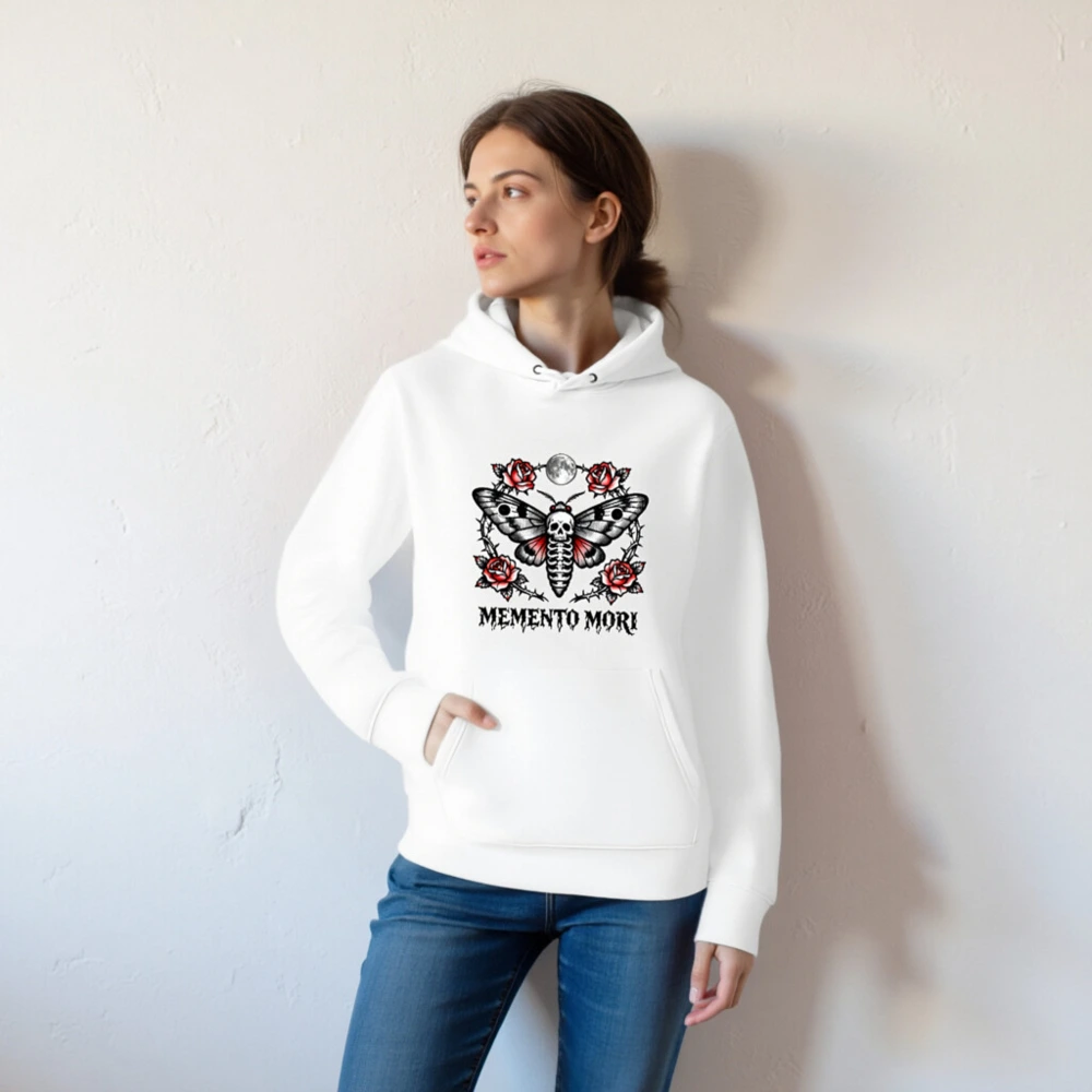 Memento Mori Moth Hoodie - Unisex Eco Essential Sweatshirt with Skull & Roses - Image 5