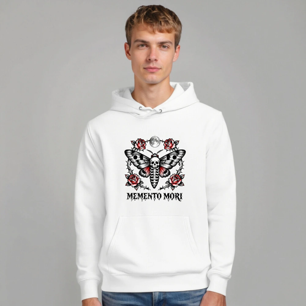 Memento Mori Moth Hoodie - Unisex Eco Essential Sweatshirt with Skull & Roses - Image 7