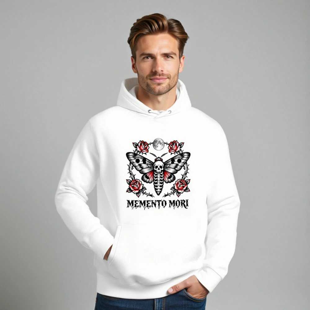 Memento Mori Moth Hoodie - Unisex Eco Essential Sweatshirt with Skull & Roses - Image 8