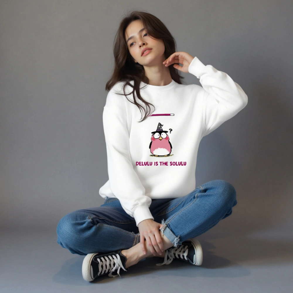 Delulu is the Solulu Unisex Crew Neck Sweatshirt | Pink Owl Wizard Design - Image 2
