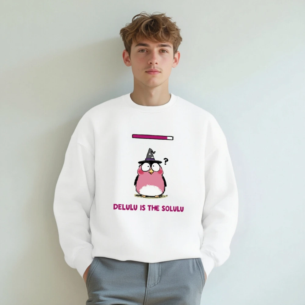 Delulu is the Solulu Unisex Crew Neck Sweatshirt | Pink Owl Wizard Design - Image 4
