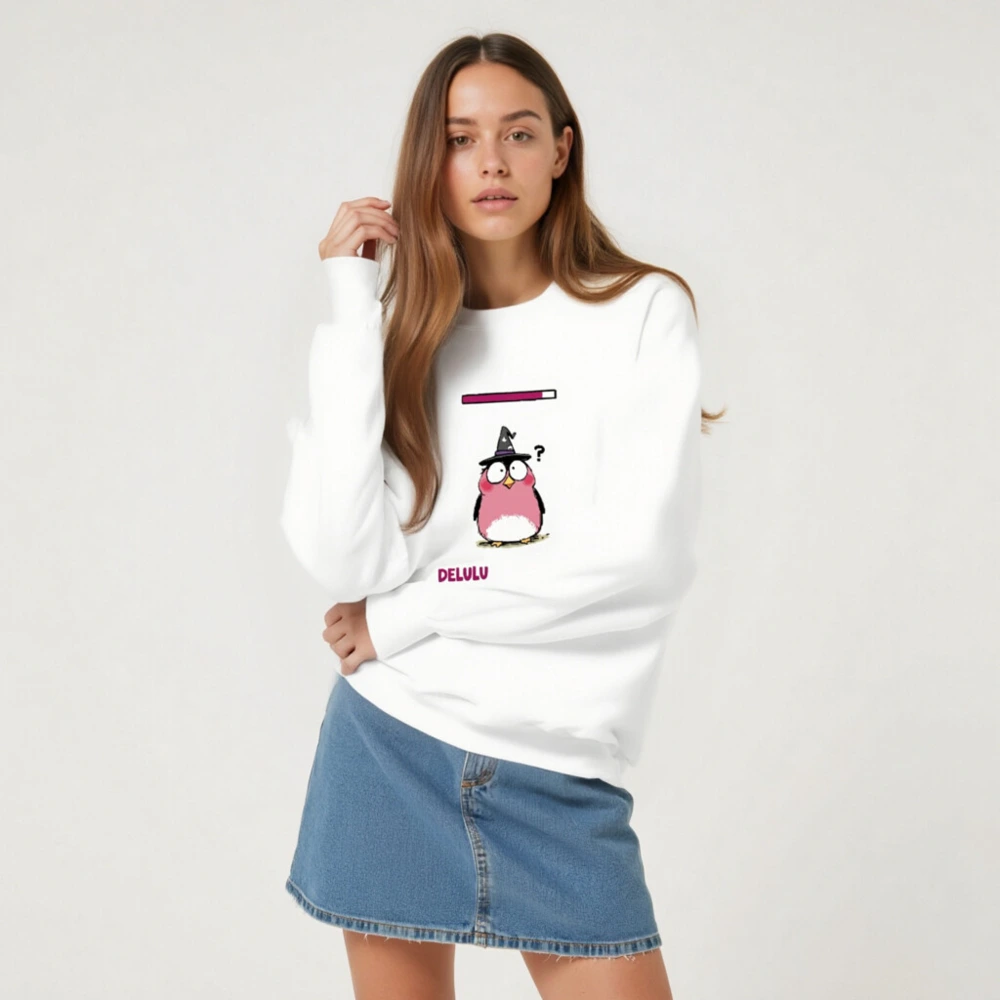 Delulu is the Solulu Unisex Crew Neck Sweatshirt | Pink Owl Wizard Design - Image 5
