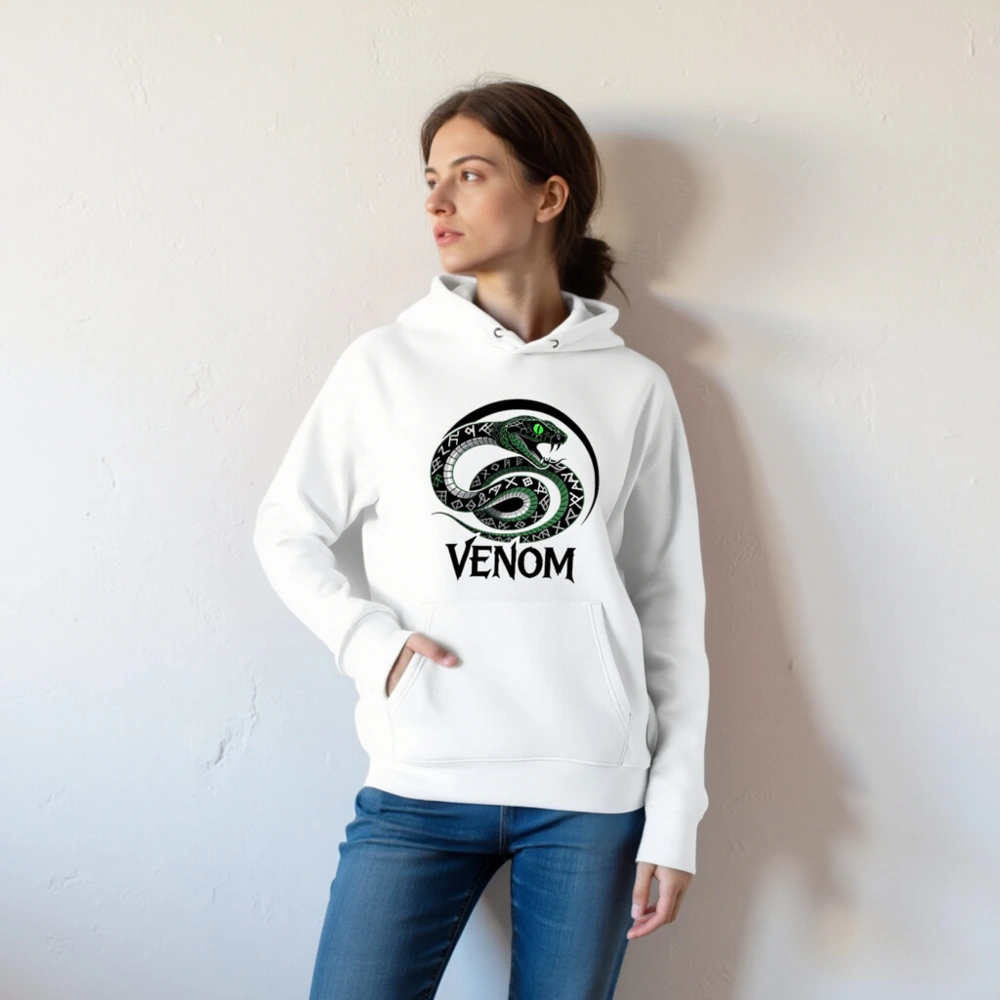 Unisex Essential Eco Hoodie - Venom Snake Design, Green Eye, Sustainable Fabric - Image 5