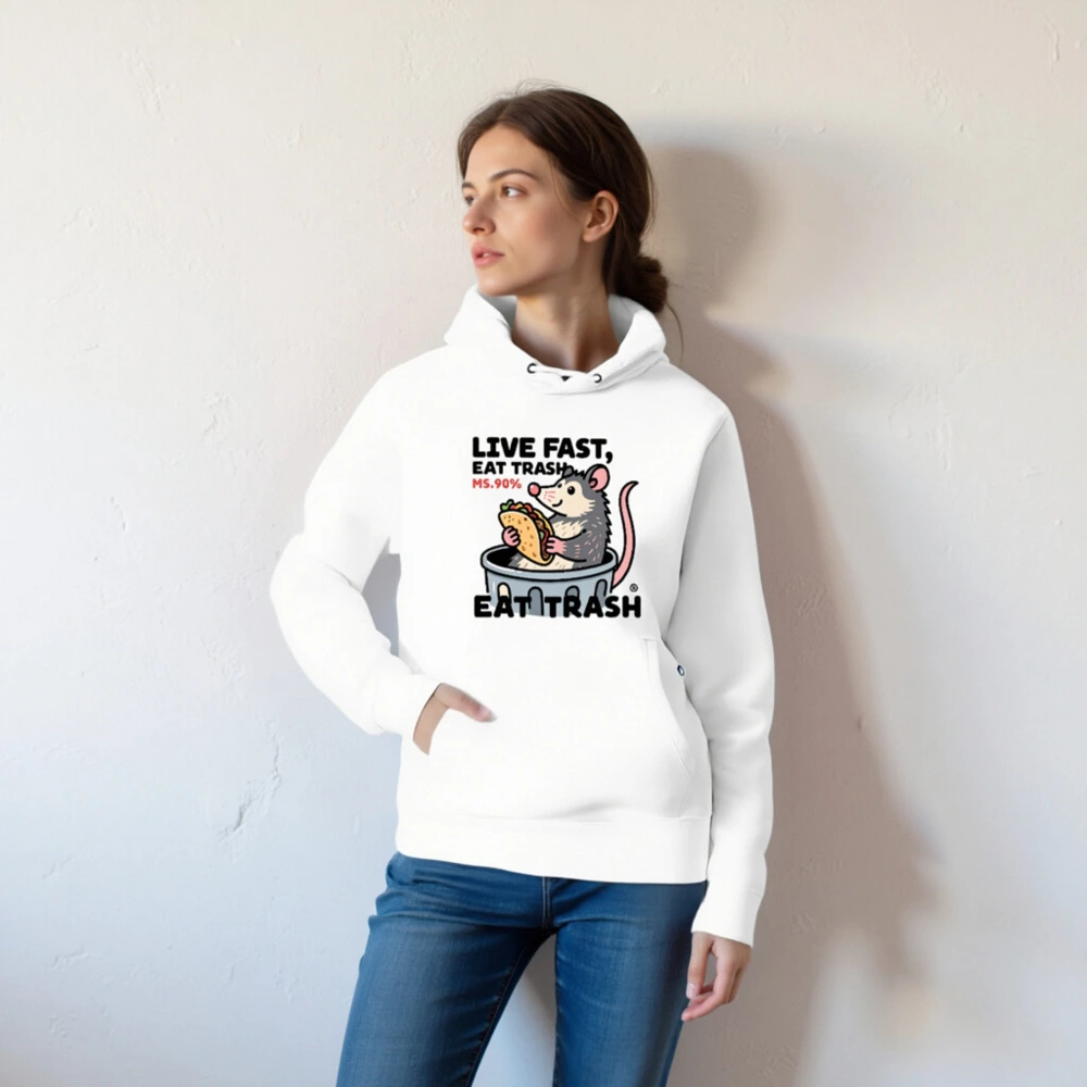 Unisex Eco Hoodie - Live Fast, Eat Trash Opossum Taco Design - Image 5