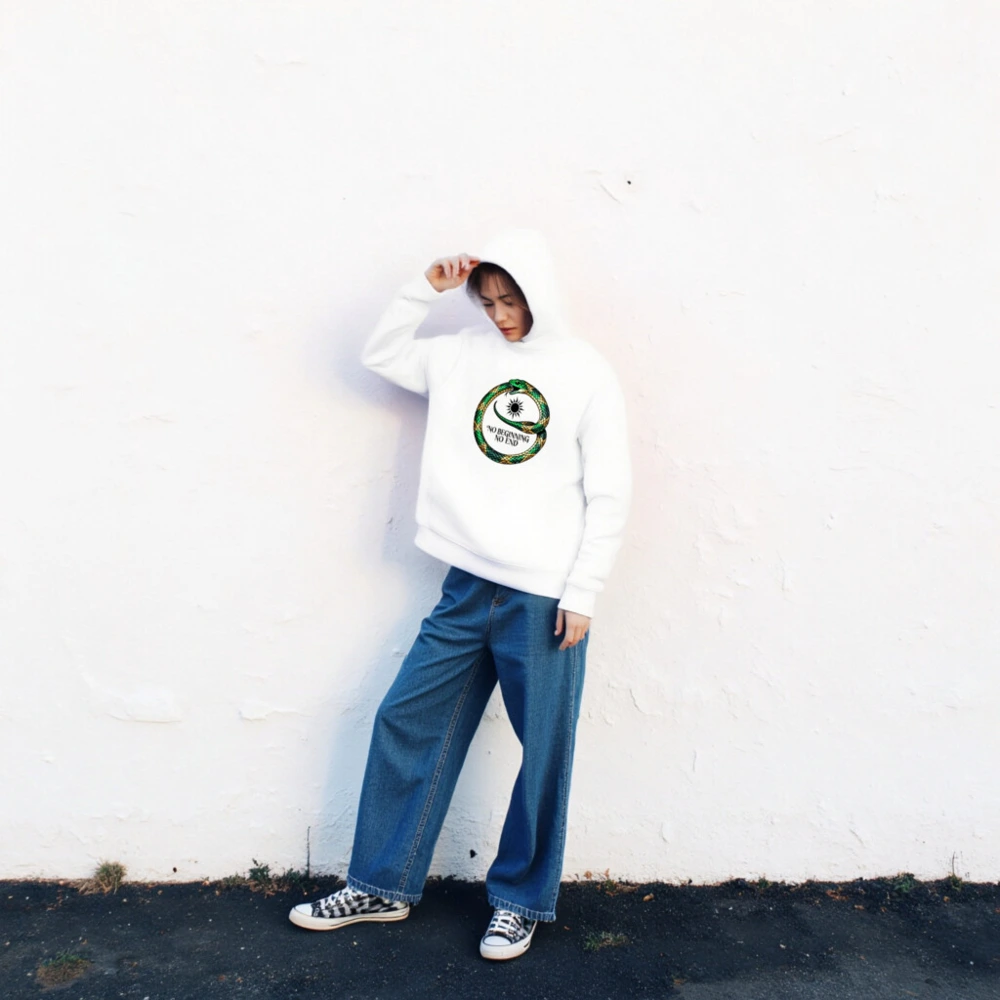 Unisex Eco Hoodie - Green & Gold Snake Ouroboros 'No Beginning No End' Design - Image 2