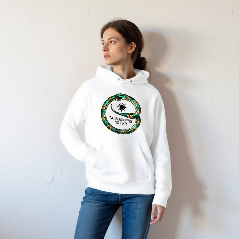Unisex Eco Hoodie - Green & Gold Snake Ouroboros 'No Beginning No End' Design - Image 5