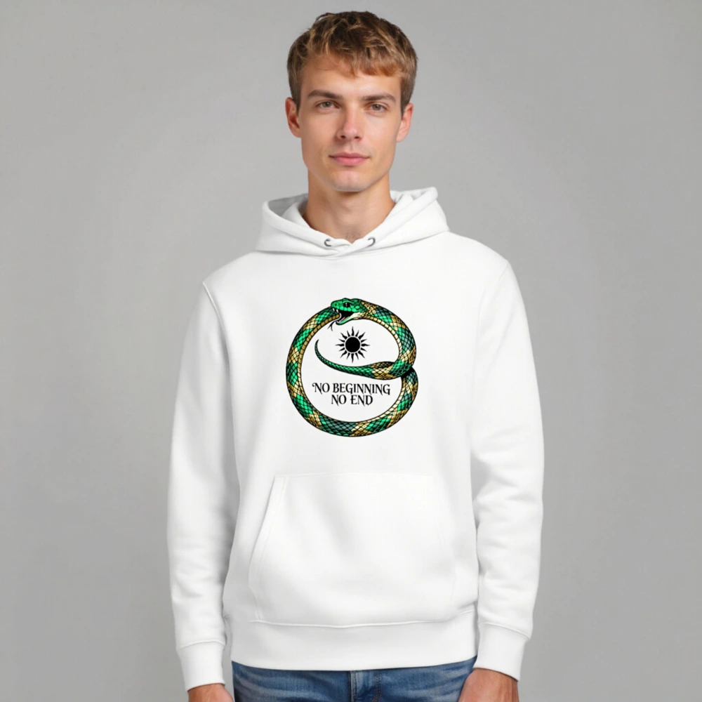 Unisex Eco Hoodie - Green & Gold Snake Ouroboros 'No Beginning No End' Design - Image 7