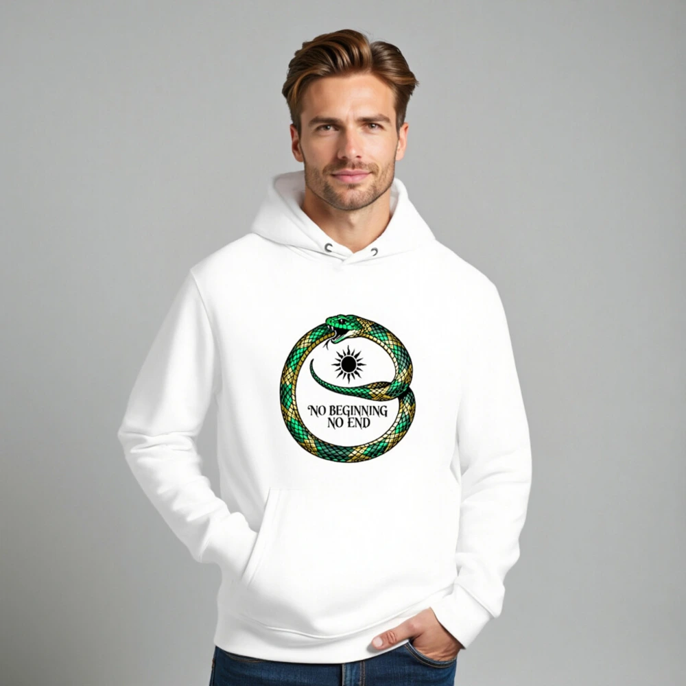 Unisex Eco Hoodie - Green & Gold Snake Ouroboros 'No Beginning No End' Design - Image 8