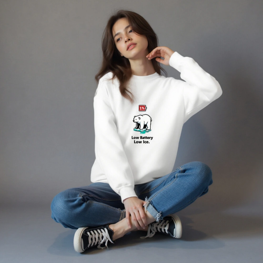 Unisex Crew Neck Sweatshirt - Low Battery Low Ice Polar Bear Graphic - Image 2