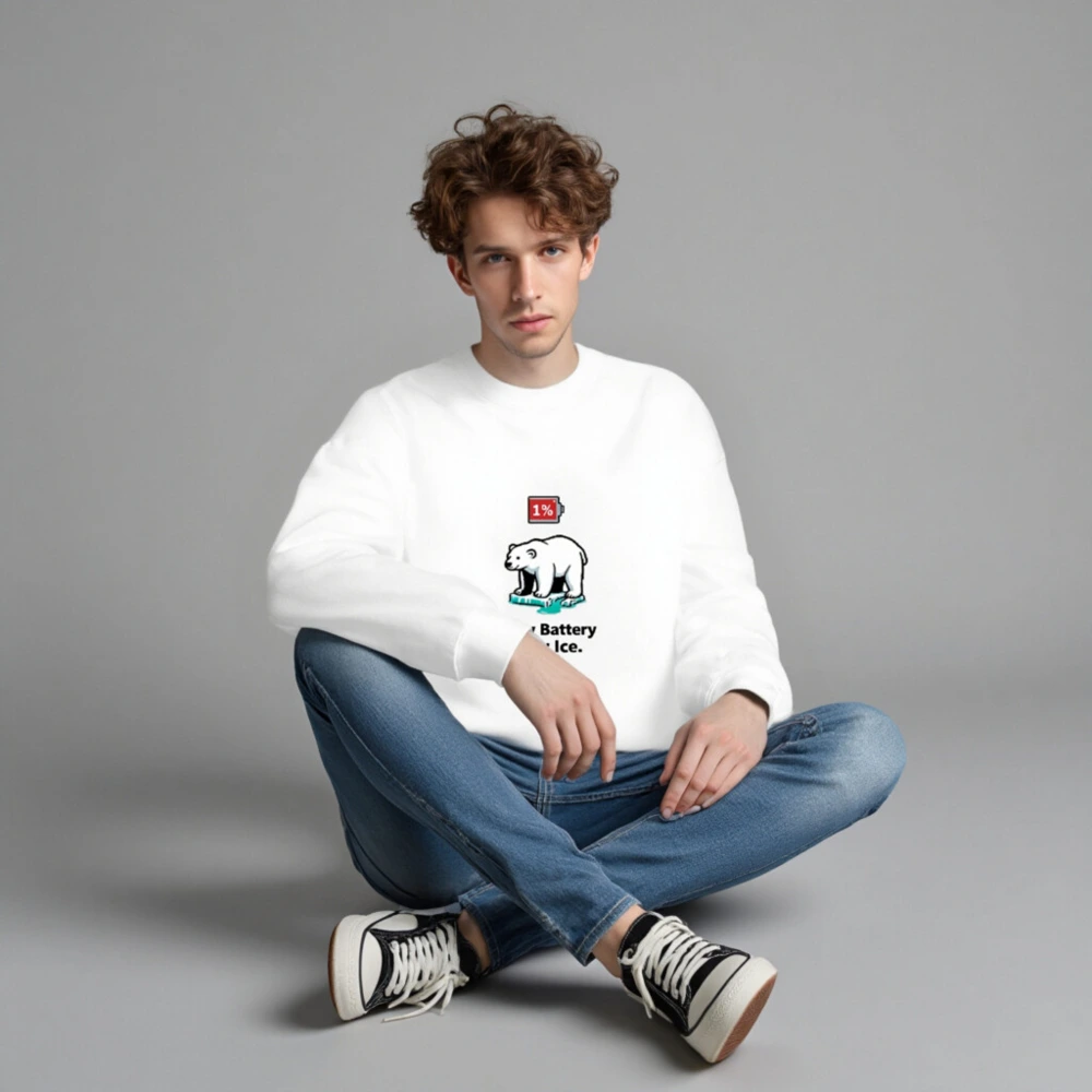 Unisex Crew Neck Sweatshirt - Low Battery Low Ice Polar Bear Graphic - Image 3