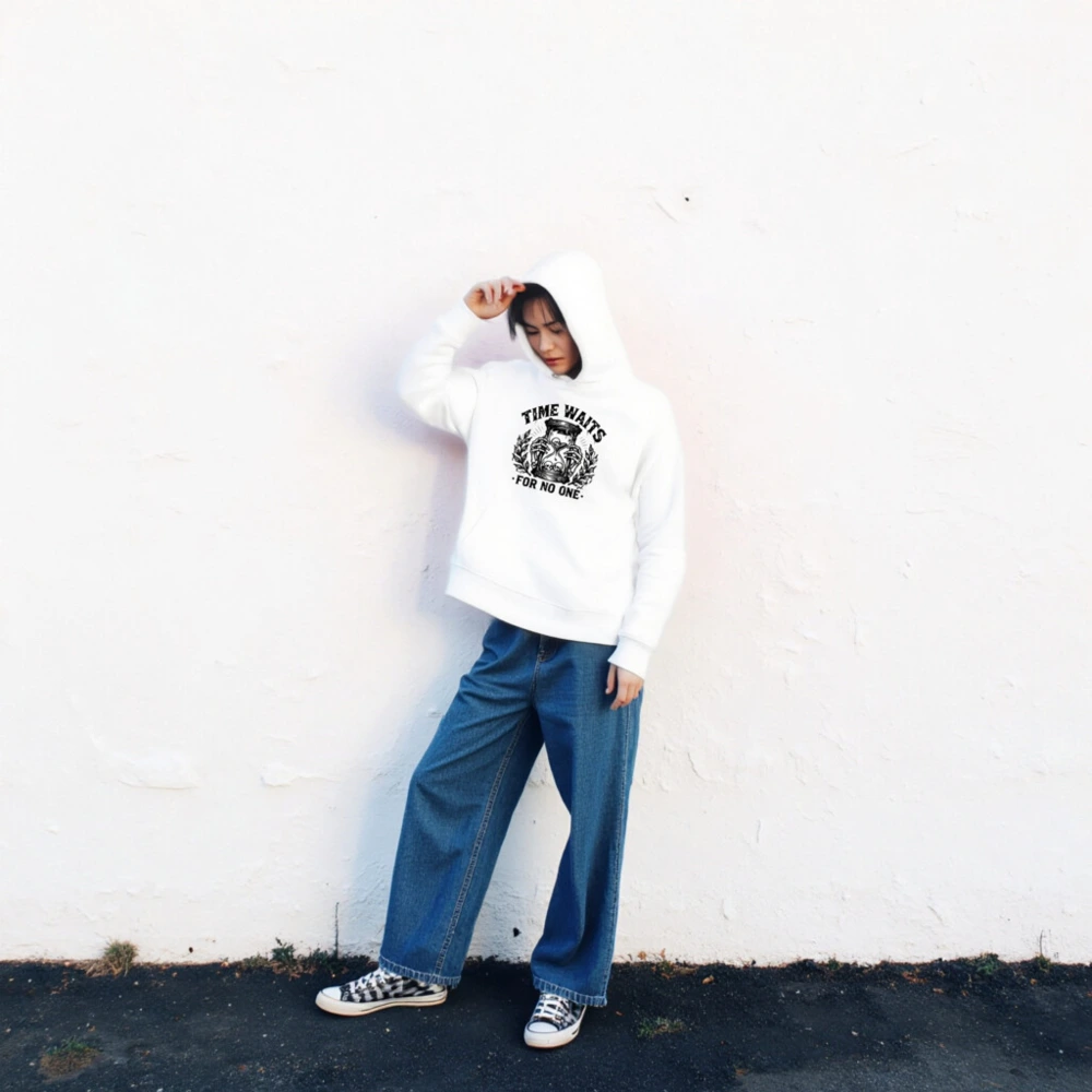 Unisex Eco Hoodie - Time Waits For No One Hourglass Skull Design - Image 2
