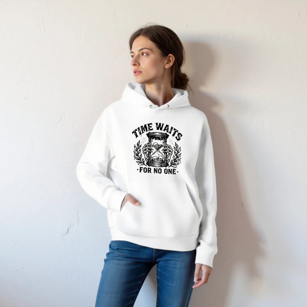 Unisex Eco Hoodie - Time Waits For No One Hourglass Skull Design - Image 5