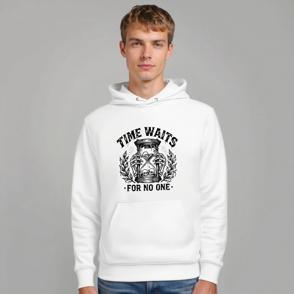 Unisex Eco Hoodie - Time Waits For No One Hourglass Skull Design - Image 7