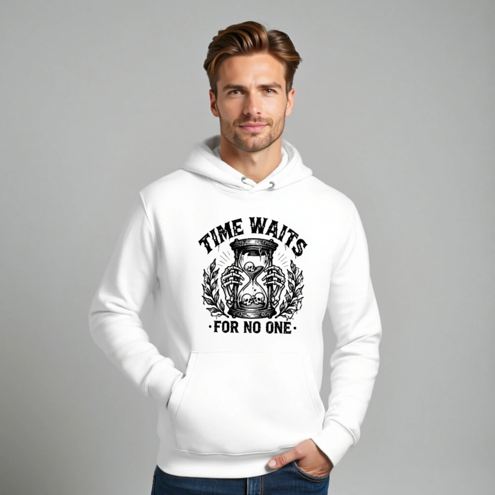Unisex Eco Hoodie - Time Waits For No One Hourglass Skull Design - Image 8