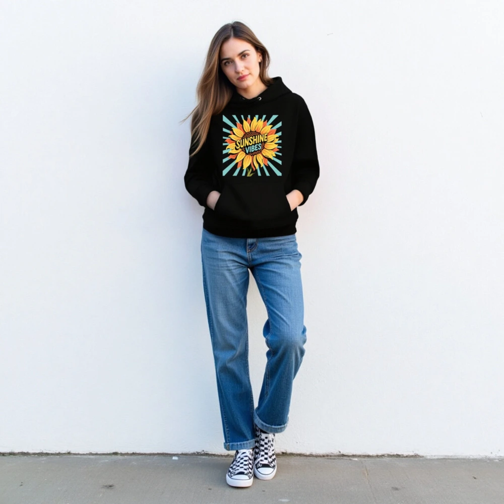 Sunshine Vibes Unisex Eco Hoodie - Black Essential Organic Cotton Hoodie - Image 3