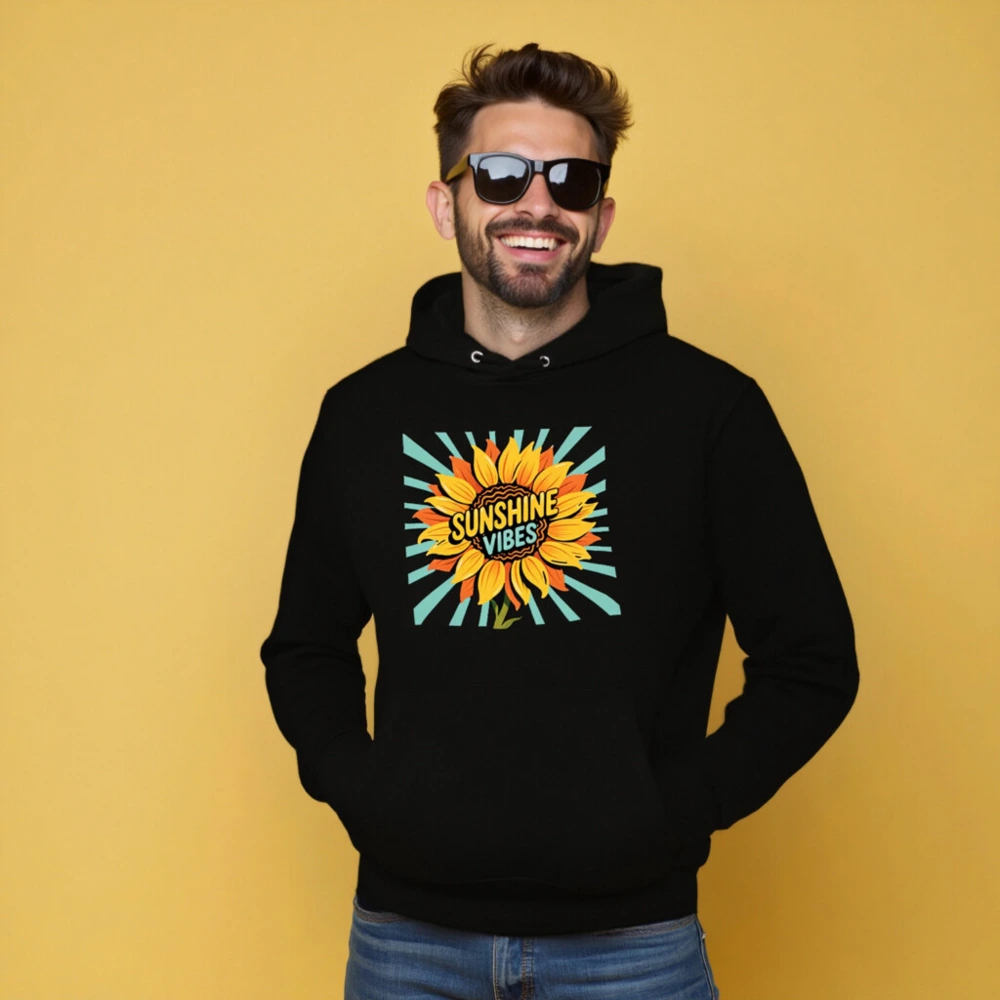 Sunshine Vibes Unisex Eco Hoodie - Black Essential Organic Cotton Hoodie - Image 5