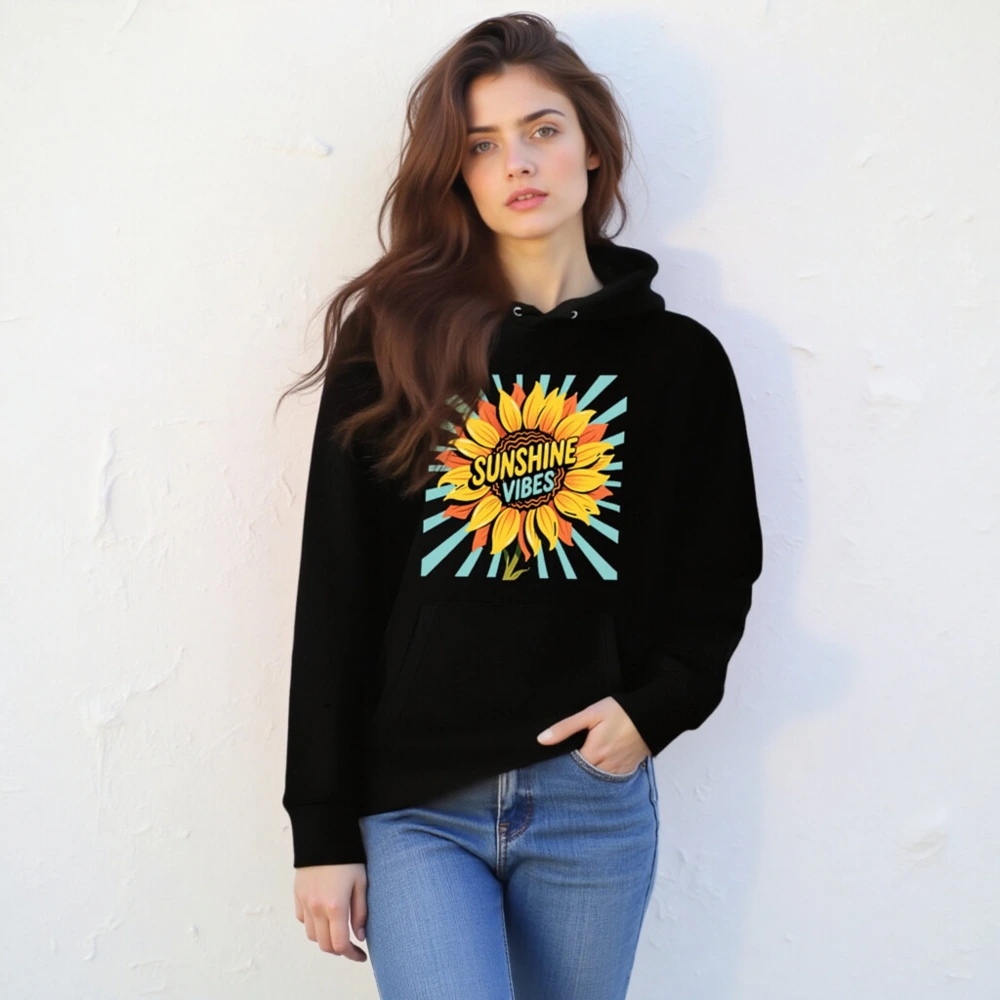 Sunshine Vibes Unisex Eco Hoodie - Black Essential Organic Cotton Hoodie - Image 6