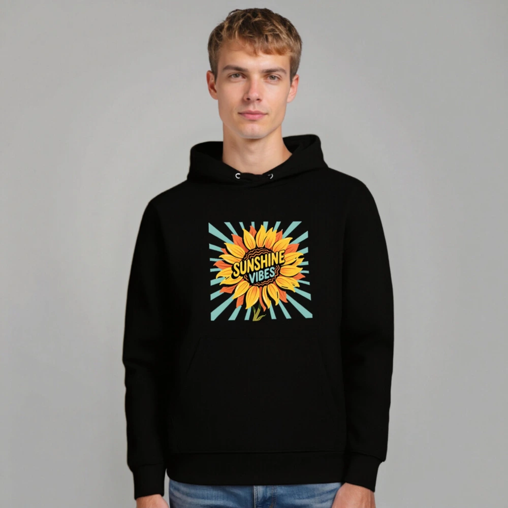 Sunshine Vibes Unisex Eco Hoodie - Black Essential Organic Cotton Hoodie - Image 7