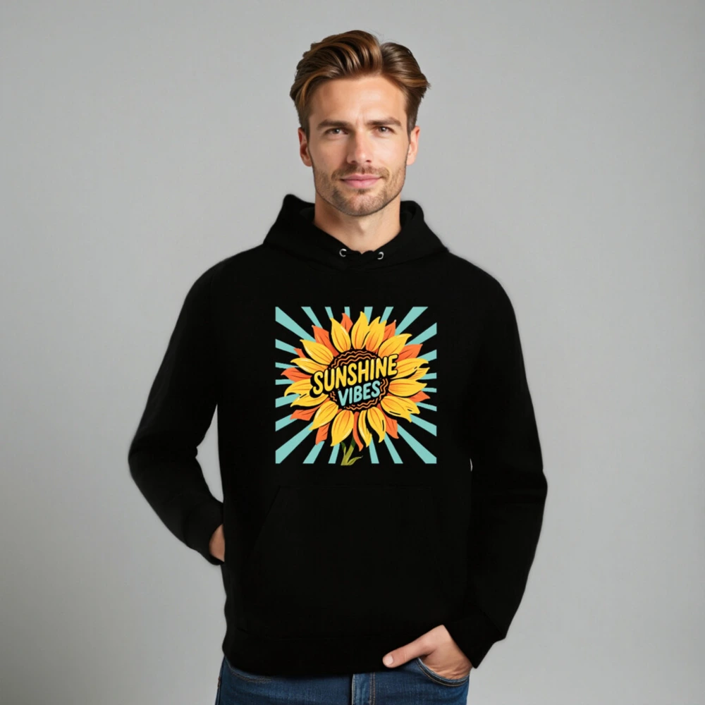 Sunshine Vibes Unisex Eco Hoodie - Black Essential Organic Cotton Hoodie - Image 8