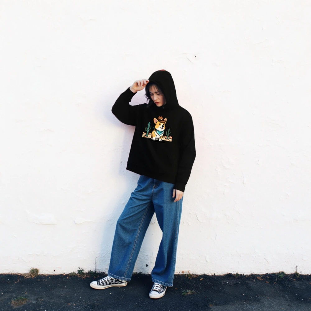 Unisex Eco Hoodie - Corgi Cowboy Cartoon Design, Sustainable Cotton Blend - Image 2