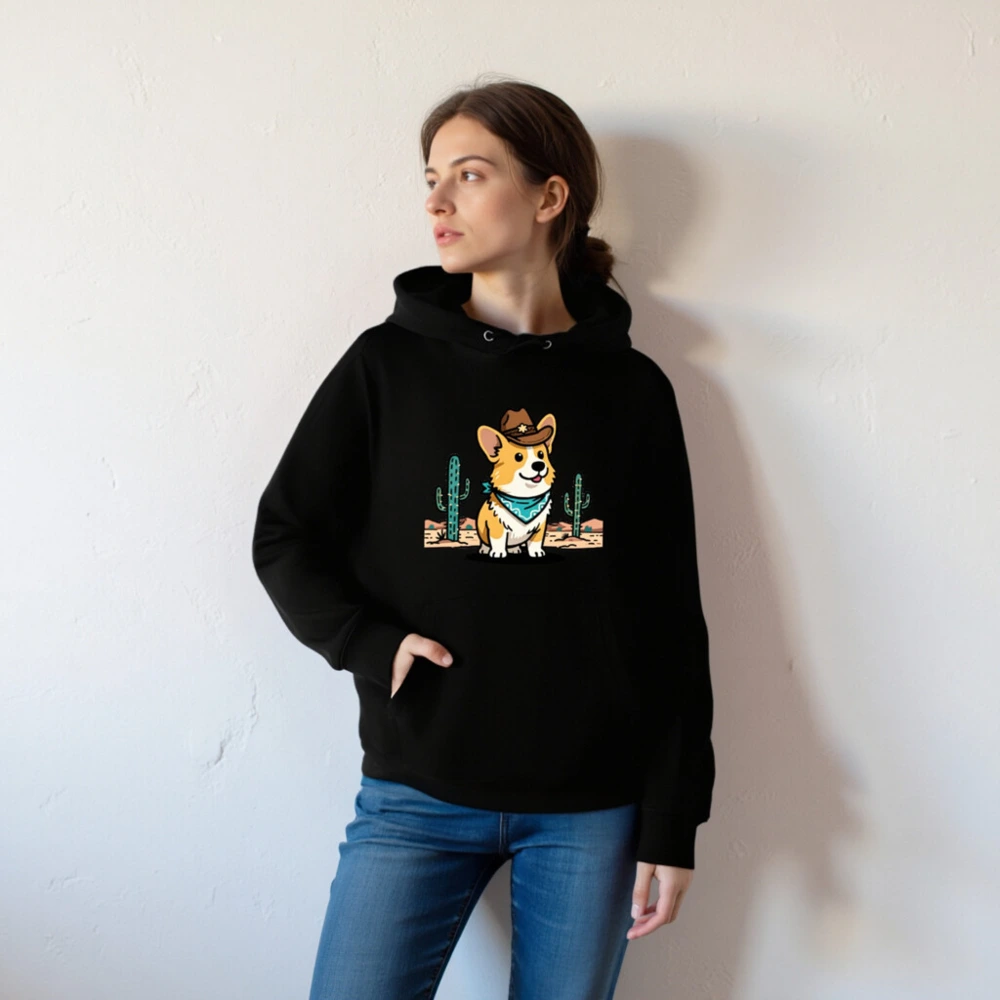 Unisex Eco Hoodie - Corgi Cowboy Cartoon Design, Sustainable Cotton Blend - Image 4