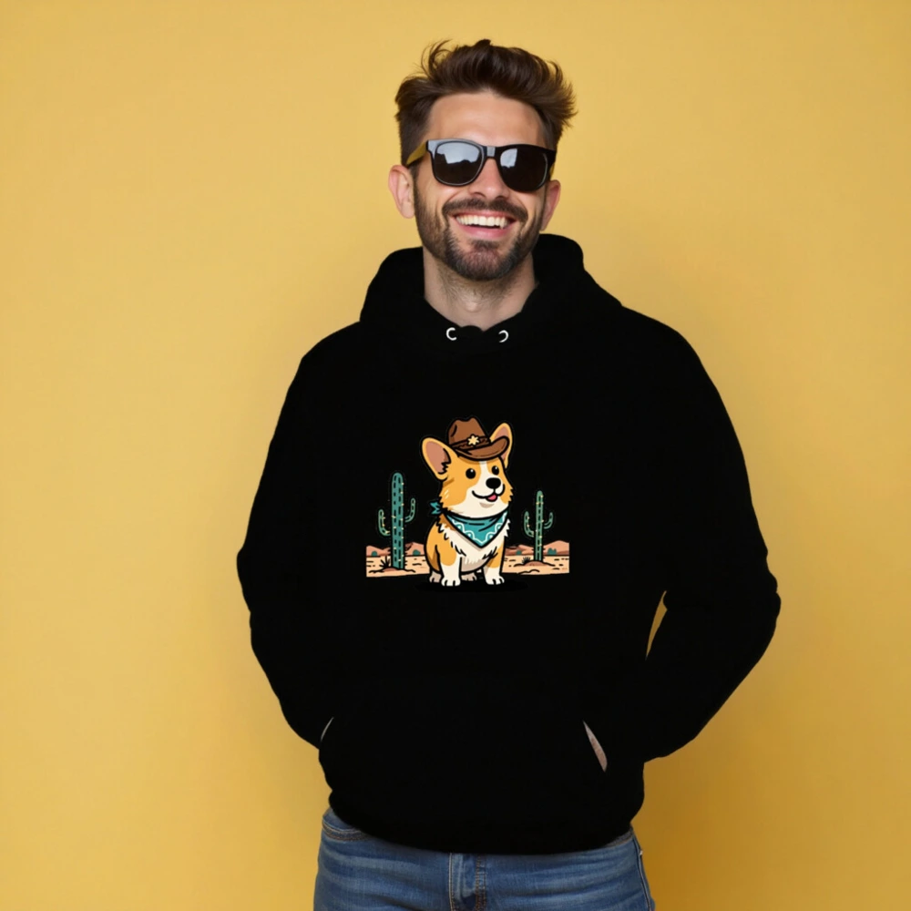 Unisex Eco Hoodie - Corgi Cowboy Cartoon Design, Sustainable Cotton Blend - Image 5