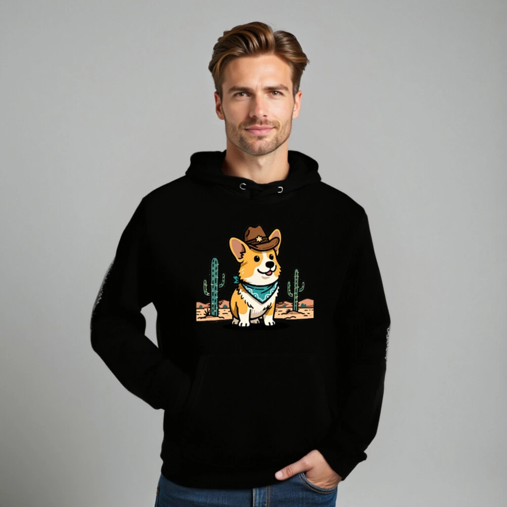 Unisex Eco Hoodie - Corgi Cowboy Cartoon Design, Sustainable Cotton Blend - Image 8