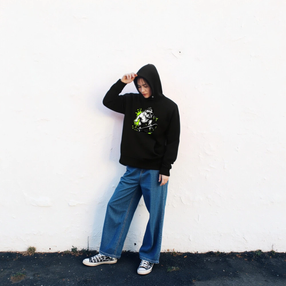 Unisex Eco Hoodie - Bulldog Skateboarder Graphic, Green Splatter Design - Image 2