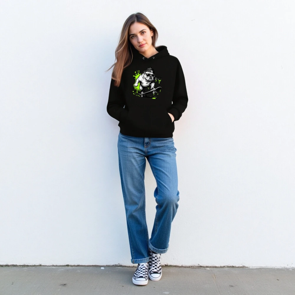 Unisex Eco Hoodie - Bulldog Skateboarder Graphic, Green Splatter Design - Image 3