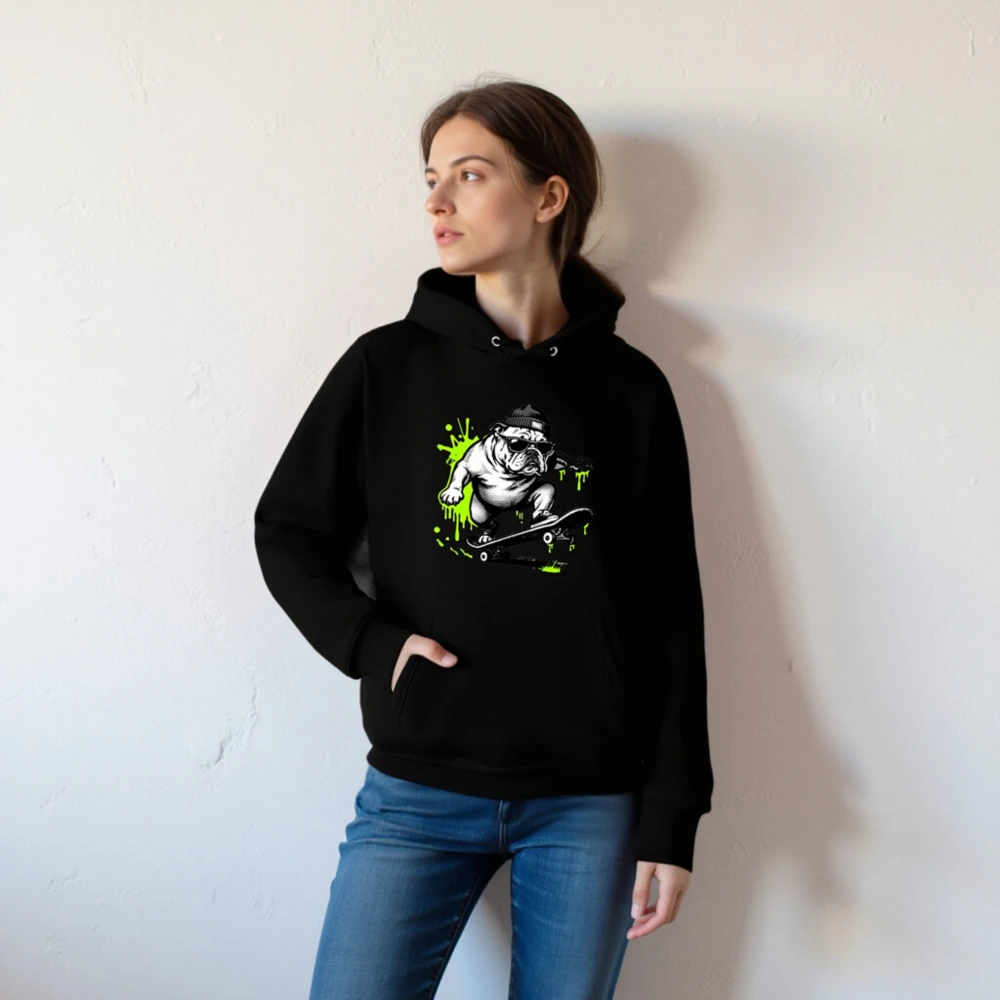 Unisex Eco Hoodie - Bulldog Skateboarder Graphic, Green Splatter Design - Image 4
