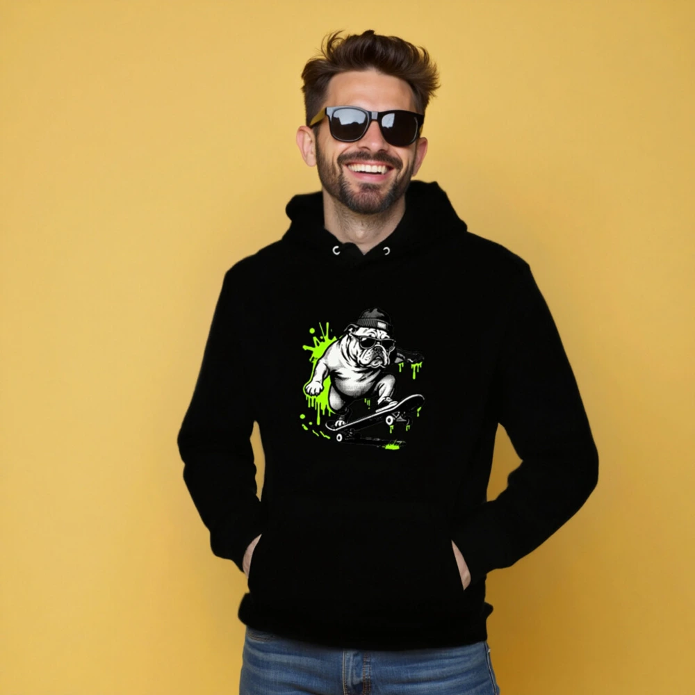 Unisex Eco Hoodie - Bulldog Skateboarder Graphic, Green Splatter Design - Image 5