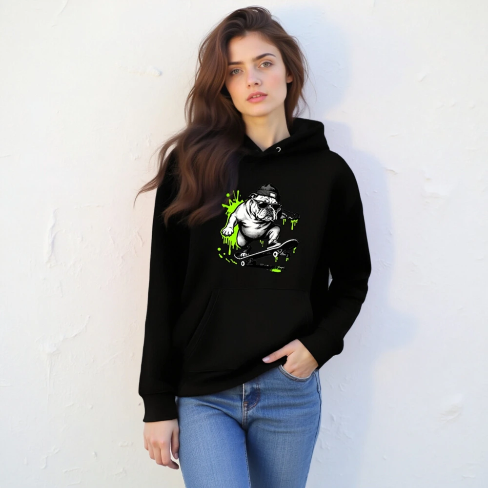 Unisex Eco Hoodie - Bulldog Skateboarder Graphic, Green Splatter Design - Image 6