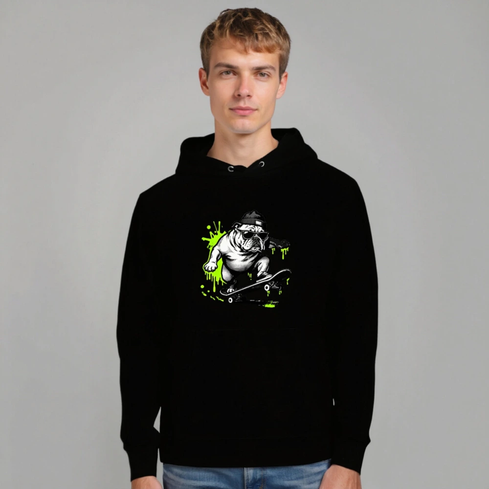 Unisex Eco Hoodie - Bulldog Skateboarder Graphic, Green Splatter Design - Image 7
