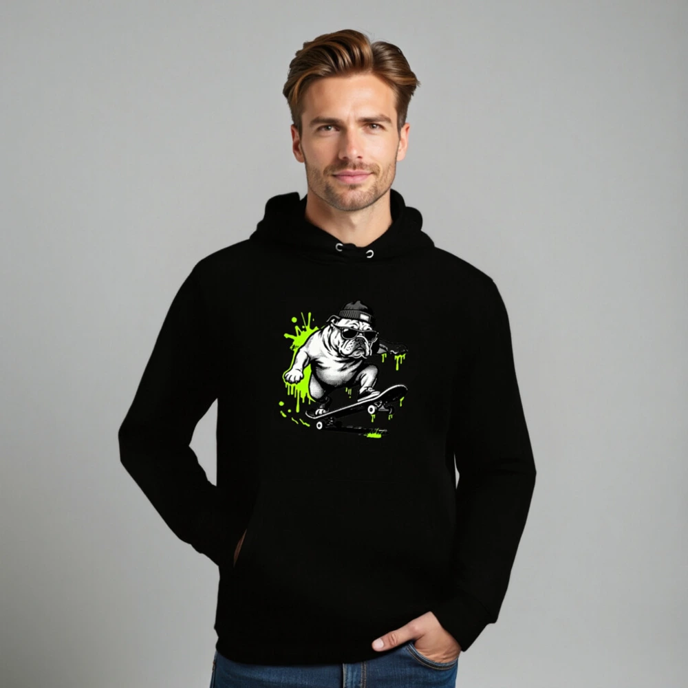 Unisex Eco Hoodie - Bulldog Skateboarder Graphic, Green Splatter Design - Image 8
