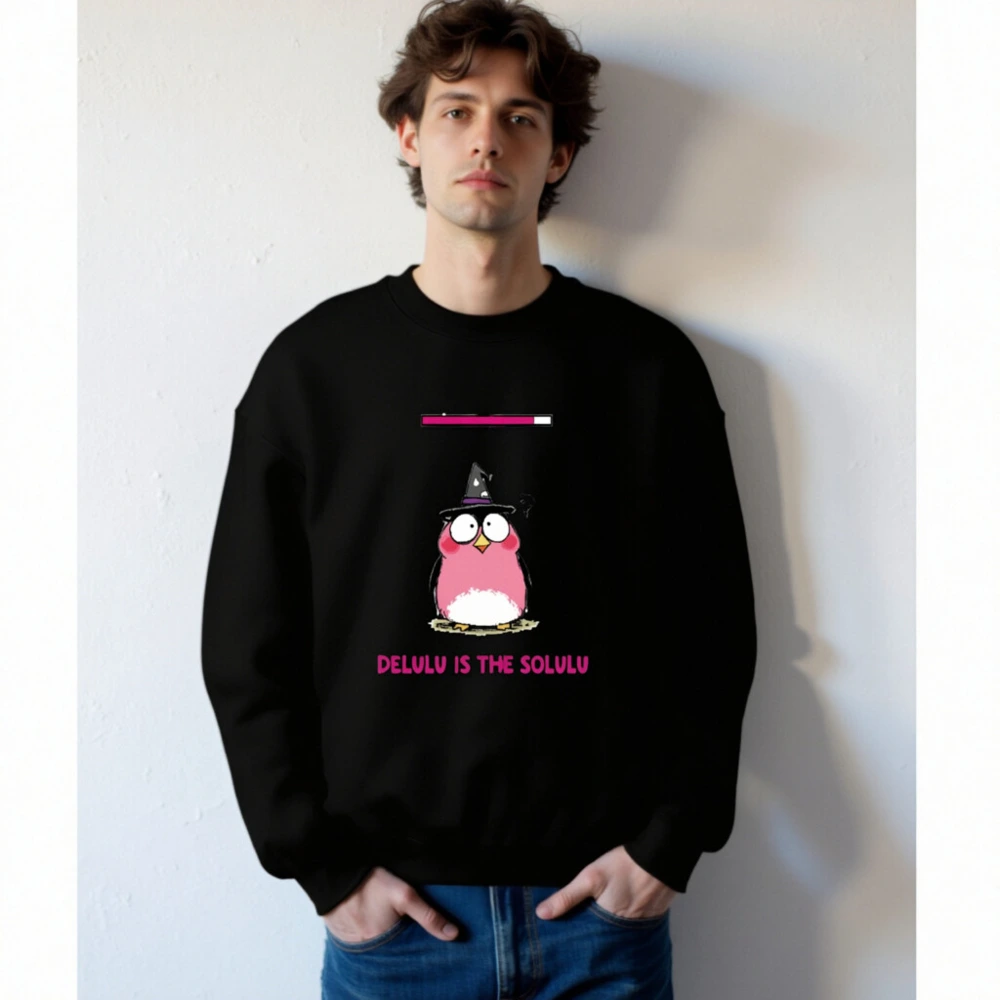 Delulu is the Solulu Unisex Crew Neck Sweatshirt | Pink Owl Witch Design - Image 2