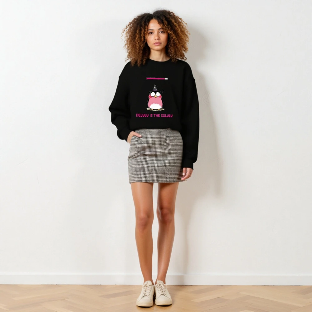 Delulu is the Solulu Unisex Crew Neck Sweatshirt | Pink Owl Witch Design - Image 3