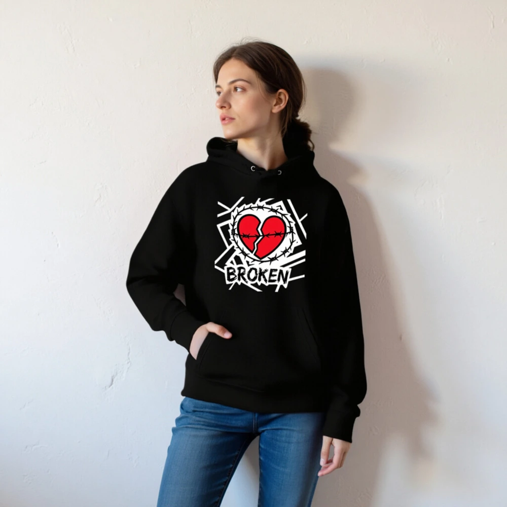 Unisex Eco Hoodie - Broken Heart Barbed Wire Design, Sustainable Essential - Image 4