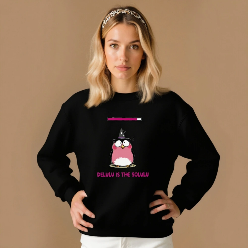 Delulu is the Solulu Unisex Crew Neck Sweatshirt | Pink Owl Witch Design - Image 4