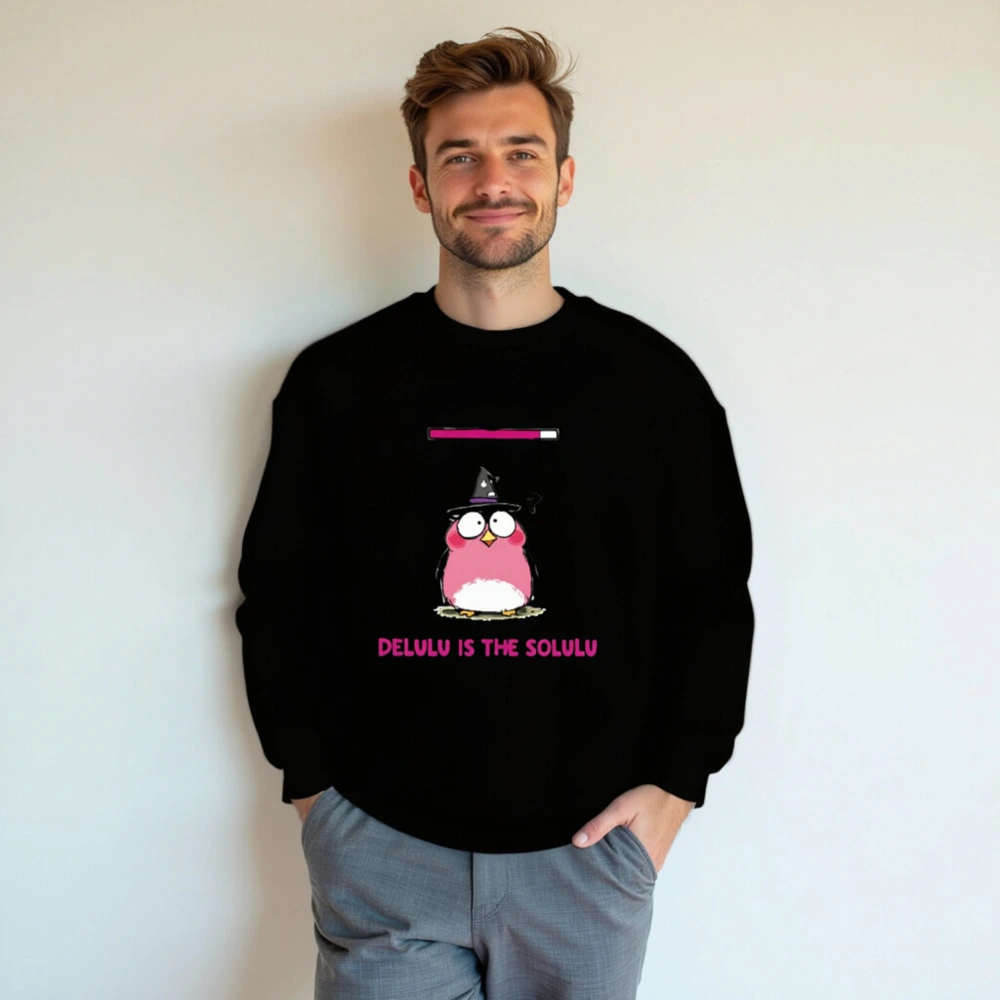 Delulu is the Solulu Unisex Crew Neck Sweatshirt | Pink Owl Witch Design - Image 5