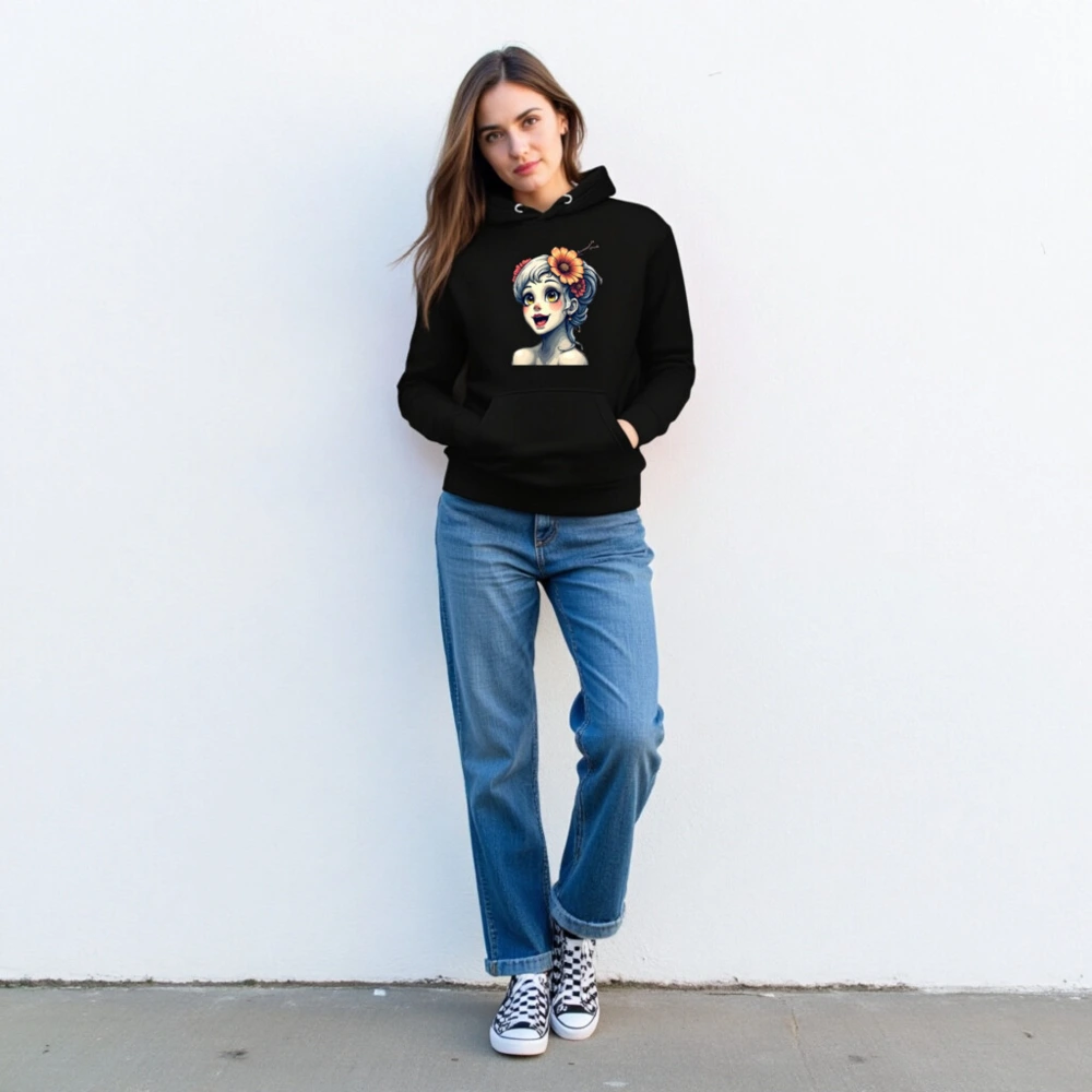 Unisex Premium Pullover Hoodie with Floral Girl Art - Black, Soft & Comfortable - Image 3